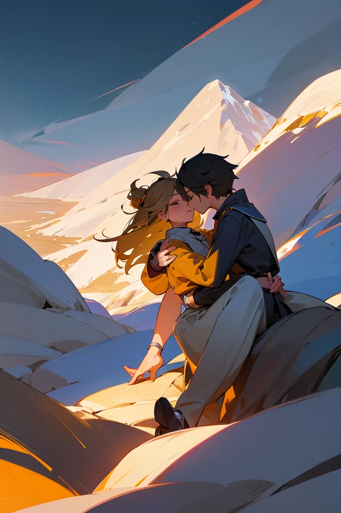 Generates a drawing of two people sitting, embraced on a mountain at night 