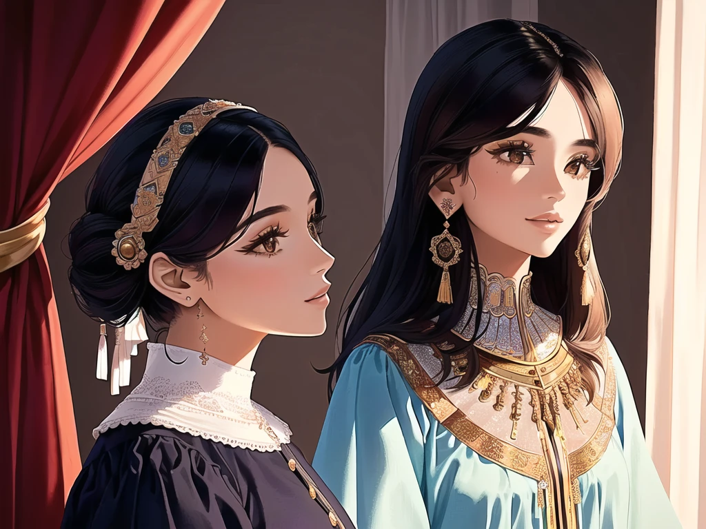 two women standing next to each other in front of a curtain, profile pic, profile photo, very very low quality picture, bolivian cholitas, two girls,  post, taken in the early 2020s, snapchat photo, modeling for dulce and gabanna, 📷 mungojerrie and rumpleteazer, instagram post