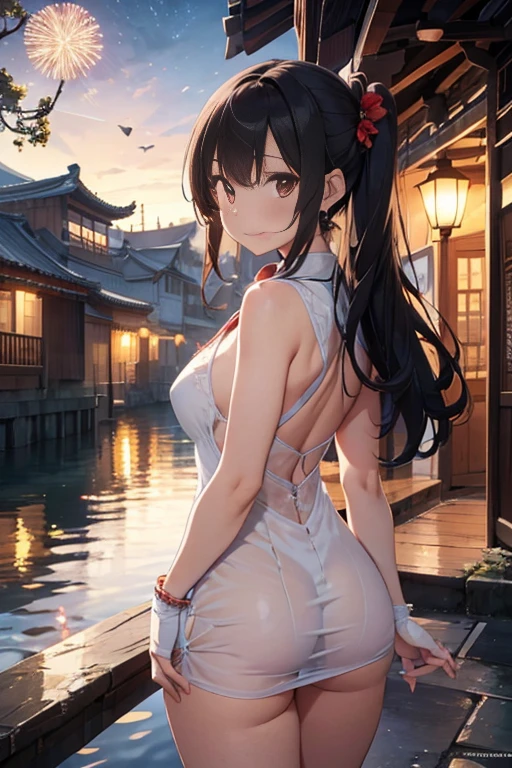 best quality,official art,Extremely detailed CG unified 8k wallpaper, (Wide-angle lens),1 girl, (Meiyu Edelfeldt),,black hair,brown eyes,seductive smile,National Science Foundation, barefoot, see through dress, Butterfly, Butterfly hair accessories, backless dress, Chinese clothes,sleeveless, twice as good,Golden dragon pattern,barefoot,full moon,Elbow gloves,Good, hair accessories,jewelry,earrings,Bead Anklet,thin legs,nail polish, medium breasts, alone, toenail polish, toe armor, toe, Double tail,outdoor,Chinese style architecture, Chinese style, lake, ancient town, Beautiful and detailed water,Red Lantern,fireworks,Thick thighs，View from behind,Buttocks visible，White cheongsam