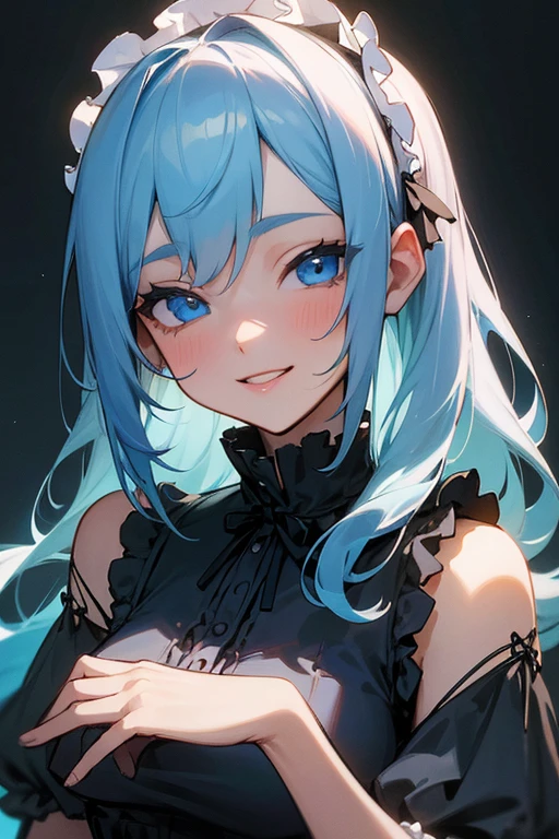 (masterpiece: 1.2, Highest quality), (Actual Photos, Intricate details), 1. woman, alone, Upper Body, casual, Shoulder-length hair, Minimal makeup, Natural materials, Face close-up, smile, Home, (Light blue hair).blue eyes, Shoulder Bare、Smiling with teeth showing、(In the gap between my breasts).((Kiss with your eyes closed)).((Lace clothes)).((sexy)).