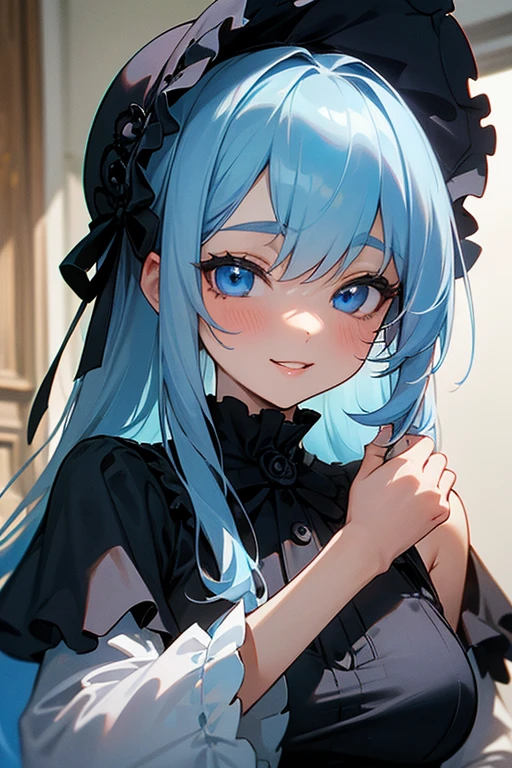 (masterpiece: 1.2, Highest quality), (Actual Photos, Intricate details), 1. woman, alone, Upper Body, casual, Shoulder-length hair, Minimal makeup, Natural materials, Face close-up, smile, Home, (Light blue hair).blue eyes, Shoulder Bare、Smiling with teeth showing、(In the gap between my breasts).((Kiss with your eyes closed)).((The best detail)).((Gothic Lolita)).