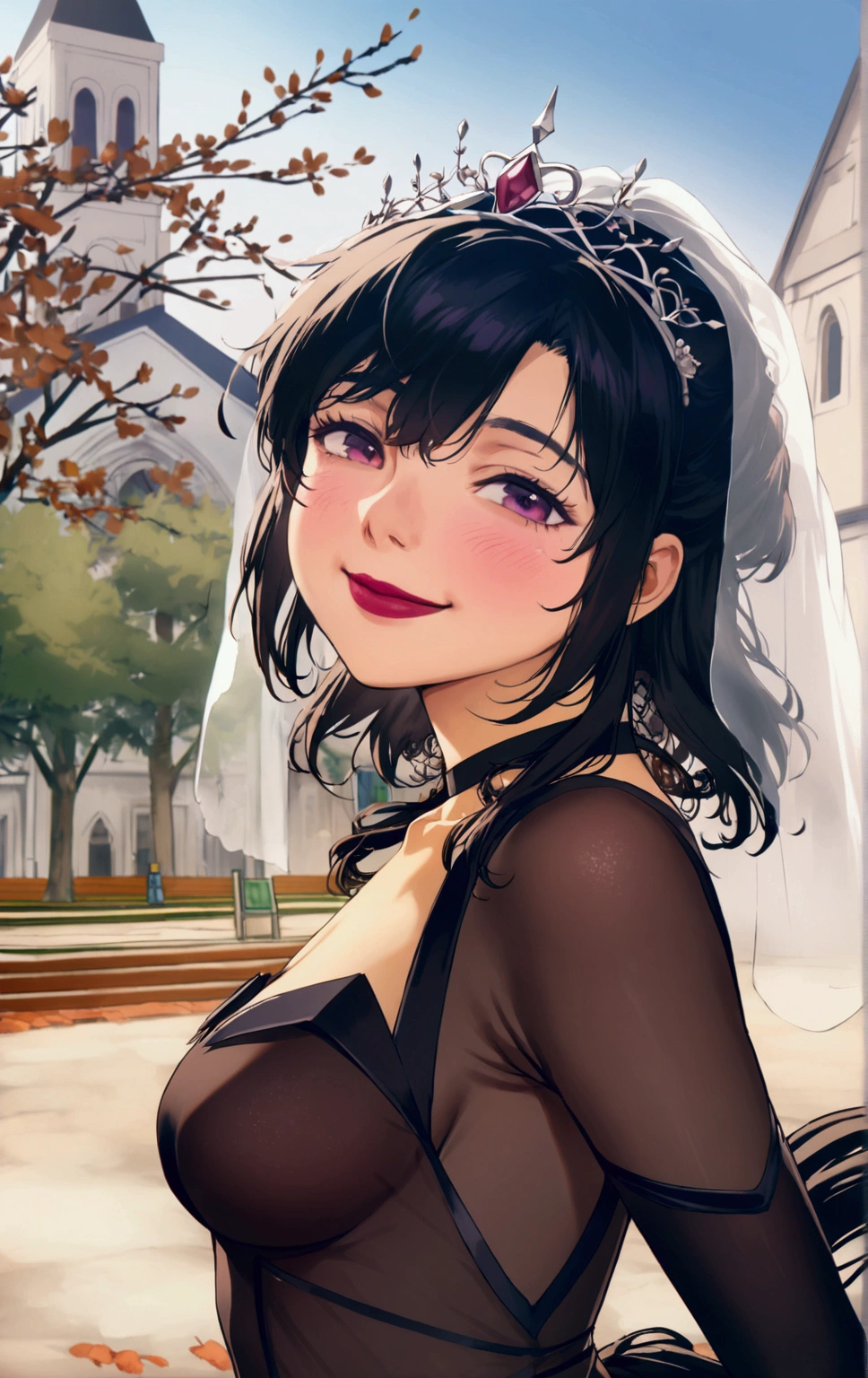 ASAGI, (Beautiful white wedding dress:1.2),neckline,mini skirt,Beautiful tiara,Veil,by the wide,Horse tail, For the blue, hair between the eyes, side locks, purple eyes, looking at the viewer, church,(High resolution, high quality:1.1), intricate details, cinematic lighting, 1 girl,happy smile,show panties,from behind