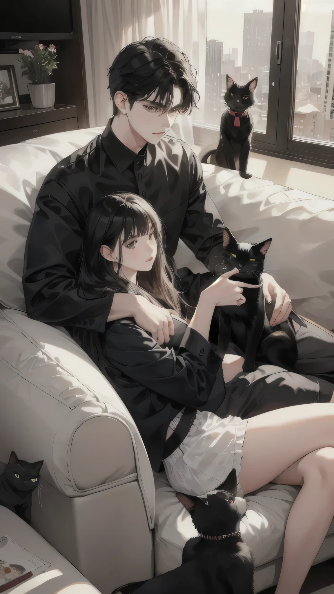 Young caucasian guy and young caucasian girl sitting on a sofa in an apartment watching TV with several cats.,black hair, Black Cat,White cat,ถูกต้องตามกายวิภาคศาสตร์, 