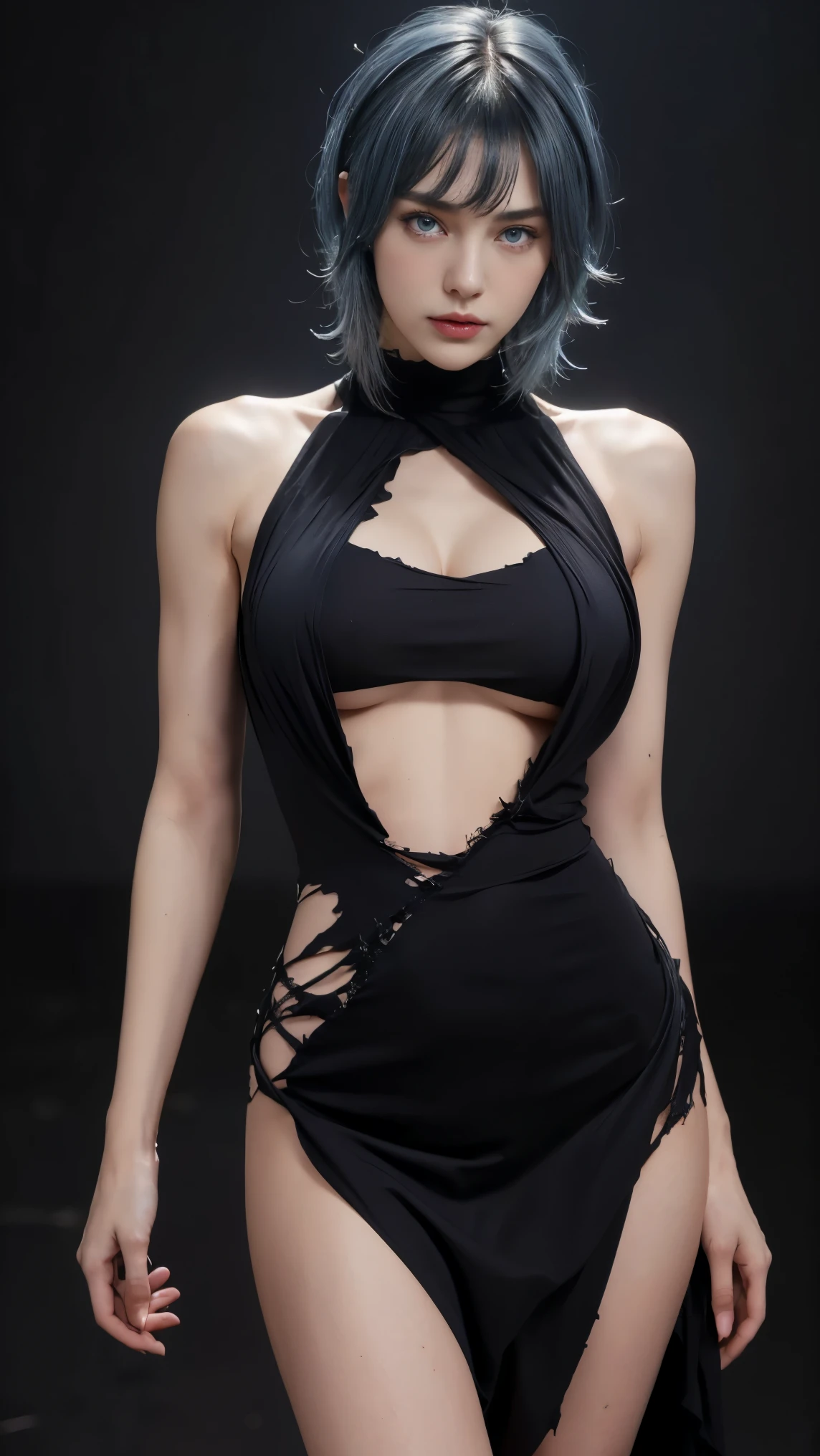 8K, Top Quality, Intricate Details, Ultra Detail, Ultra High Resolution, Masterpiece, close up shot, (full body: 1.1), Slender, Smile, (Makeup: 0.4), ((sexy pose,)), (Fluffy blue Eyes: 1.21), (()), 1girl, solo, 1 girl, ((bangs, blue hair, bangs, very short hair, bangs )), close up shot, , ((tall)), (((fit body))), (((slim face))), sharp face, ((, wind blow hair, )), ((black maxi dress, skin tight dress, torn dress, ripped dress)) , (detailed face), sharp face, small lips, perfect hands, ((walking pose, walk pose)) , ((, pussy spread ,)), , ((cleavage, crotch,)),, detailed face, detailed breast,, huge breast , ((detailed nipples, detailed breast , detailed nipple)), detail ass, Narrow Waist, Skinny, tall , 175 cm tall, Muscular, Navel, Exposed Abdomen, Pointed Chest,, Beautiful girl with accentuated slender abs: 1.4, Six Pack Abs: 1.4, Bust Botox, Big, Perfect Body, detail leg, (( dark background)), black background,