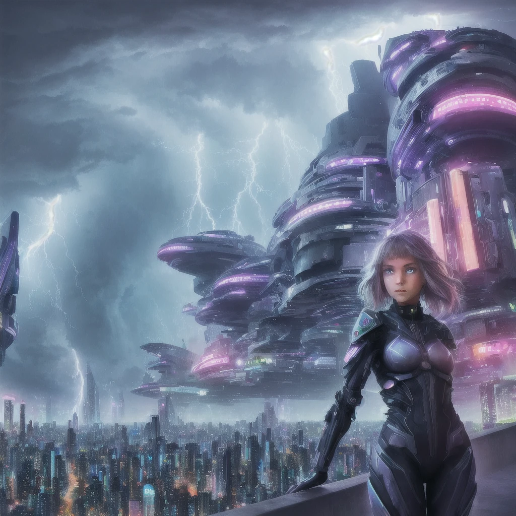 Girl foreground, emotional intellect, high detail, bright colorful background, Futuristic city on the background, thunderstorm with lightning