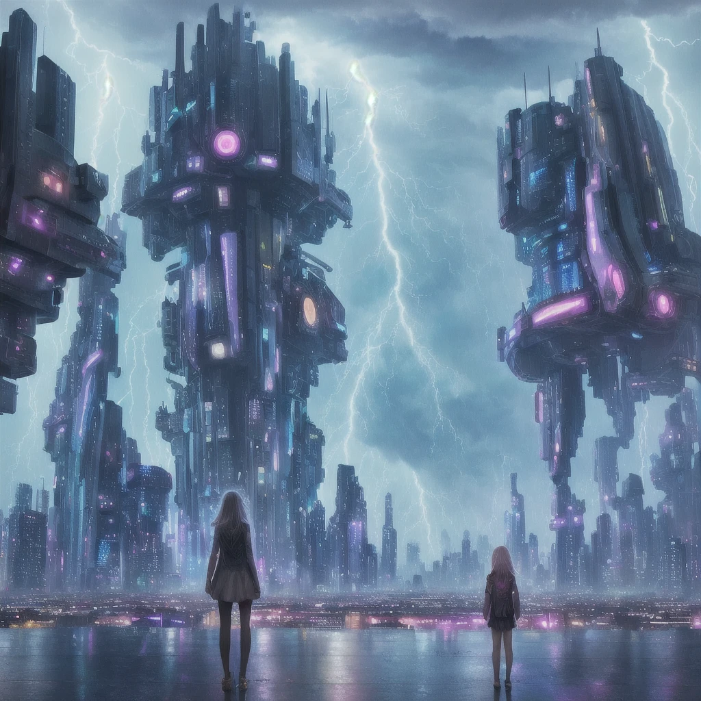 Girl foreground, emotional intellect, high detail, bright colorful background, Futuristic city on the background, thunderstorm with lightning