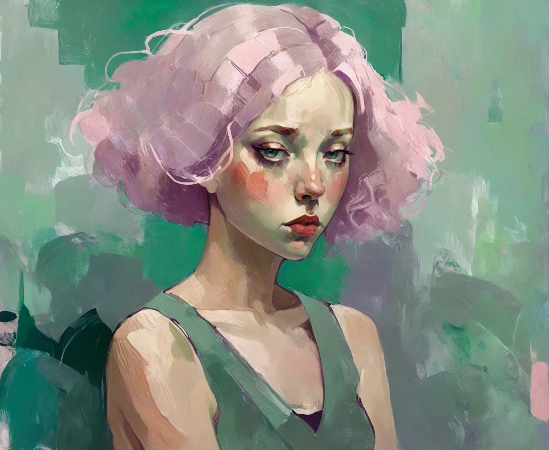 Create a portrait of a young woman in a semi-reclining pose with a pensive expression. Use a painterly style inspired by Malcolm Liepke, characterized by expressive brushstrokes and rich texture. Employ a color palette of muted greens, soft pinks, deep purples, and subtle flesh tones to evoke a sense of depth and emotion. The background should consist of abstract, textured layers in complementary colors, blending seamlessly with the figure. Pay attention to the contrast between the smooth, detailed rendering of the face and the rough, textured application of paint in the surrounding areas. Capture the delicate balance of vulnerability and strength in the subject's gaze and posture