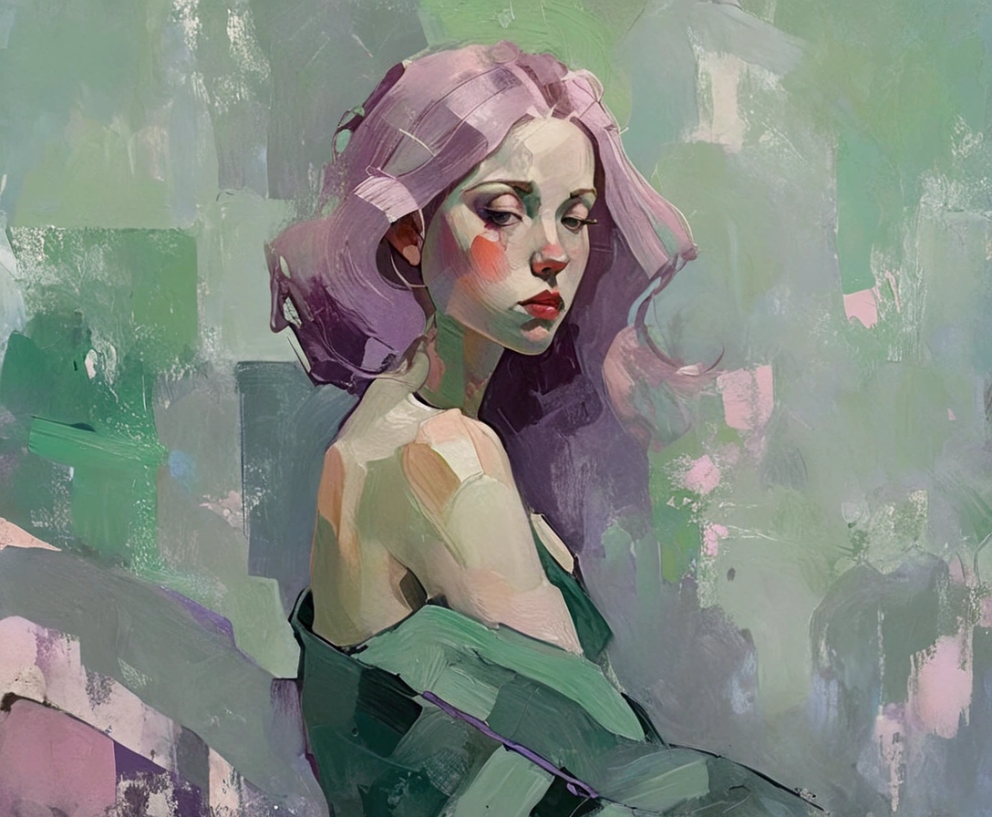 Create a portrait of a young woman in a semi-reclining pose with a pensive expression. Use a painterly style inspired by Malcolm Liepke, characterized by expressive brushstrokes and rich texture. Employ a color palette of muted greens, soft pinks, deep purples, and subtle flesh tones to evoke a sense of depth and emotion. The background should consist of abstract, textured layers in complementary colors, blending seamlessly with the figure. Pay attention to the contrast between the smooth, detailed rendering of the face and the rough, textured application of paint in the surrounding areas. Capture the delicate balance of vulnerability and strength in the subject's gaze and posture