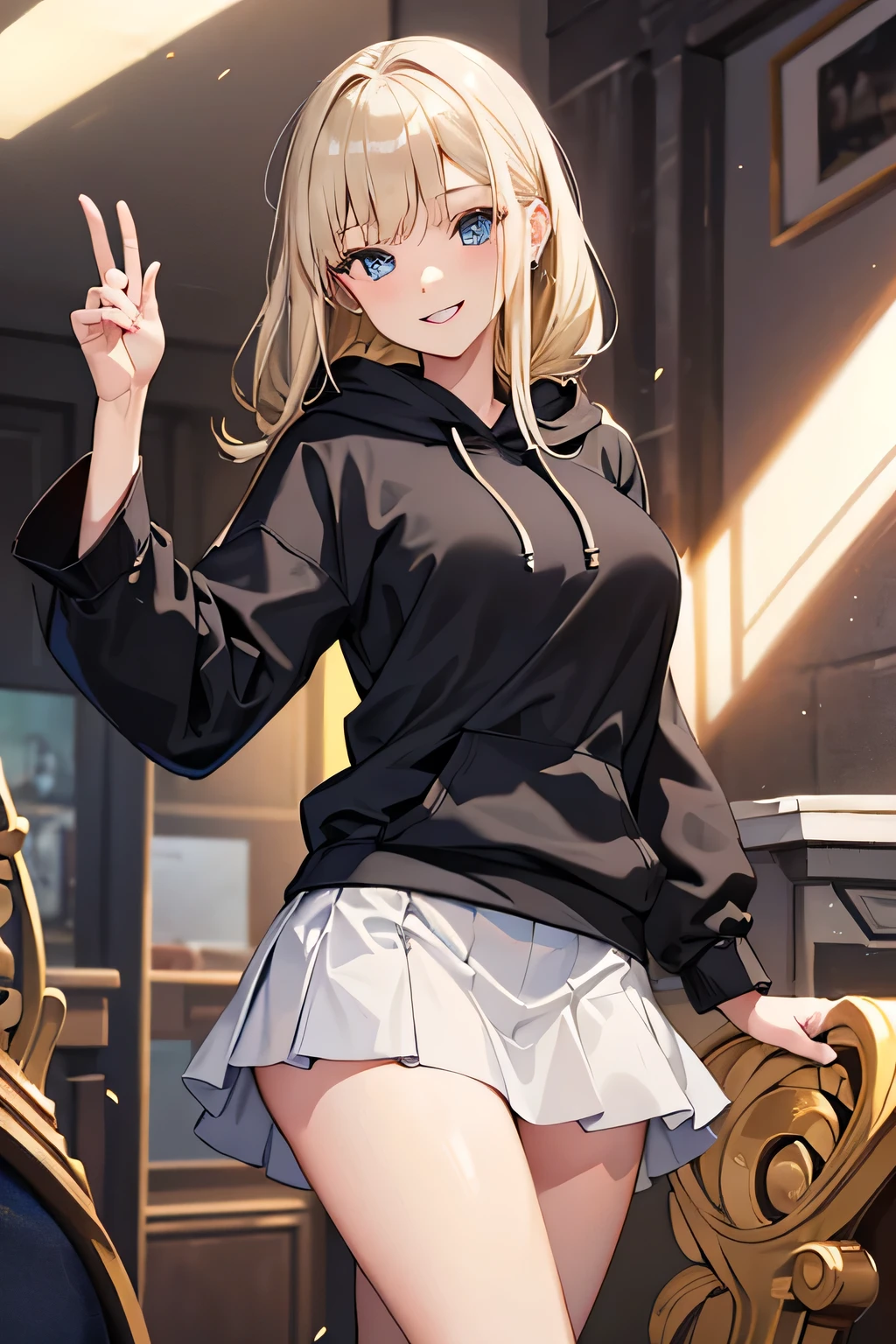 masterpiece, best quality, detailed clothes, young, blonde haired girl, blue eyes, large breasts, sexy, ((detailed outfit,detailed clothes, dark black hoodie, sweatshirt, light grey-white skirt, pretty, smiling, smile