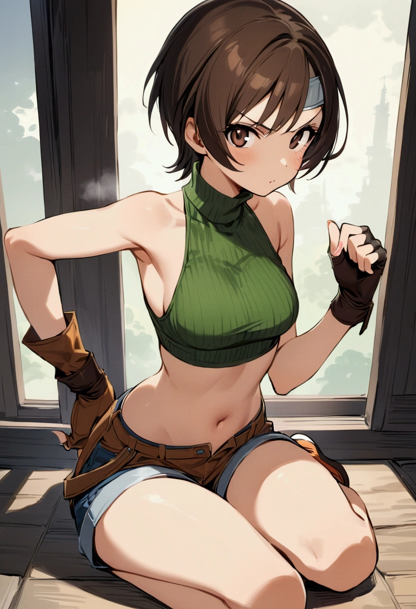 score_9, score_8_up, score_7_up,BREAK best quality,high quality,masterpiece,aesthetic,very aesthetic, soro,1girl,yuffie kisaragi,, final fantasy,short hair,headband,navel,sleeveless,turtleneck
brown eyes,
sleeveless turtleneck,gloves,crop top,brown hair,shorts,midriff,sweater,open fly,fingerless gloves,ribbed sweater,looking at viewer,,v-shaped eyebrows,wide eyes,open stance,sitting