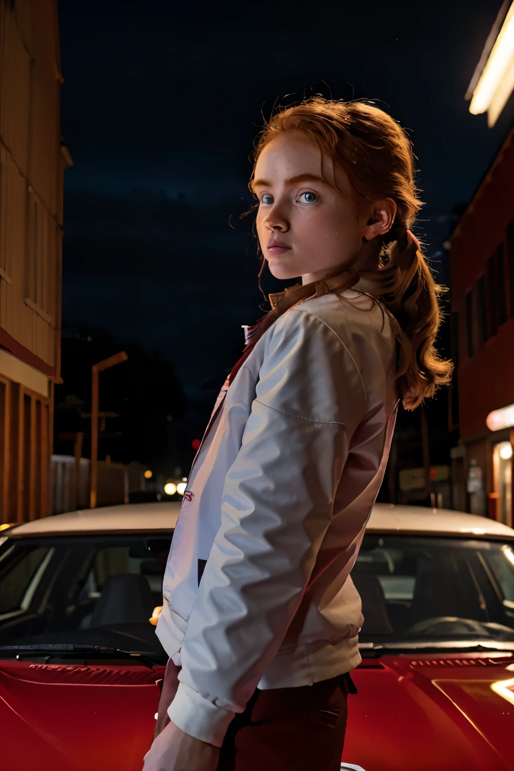 35mm, Fuji Superia 1600, ISO-1200, f/4, 0, 1/60, a night time, dimly lit close-up shot photo of red ponytail, wearing a white shirt and a red and white high school jacket, in a small town alley with cars and people passing behind her