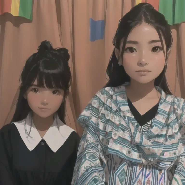 two women standing next to each other in front of a curtain, profile pic, profile photo, very very low quality picture, bolivian cholitas, two girls, post, taken in the early 2020s, snapchat photo, modeling for dulce and gabanna, 📷 mungojerrie and rumpleteazer, instagram post