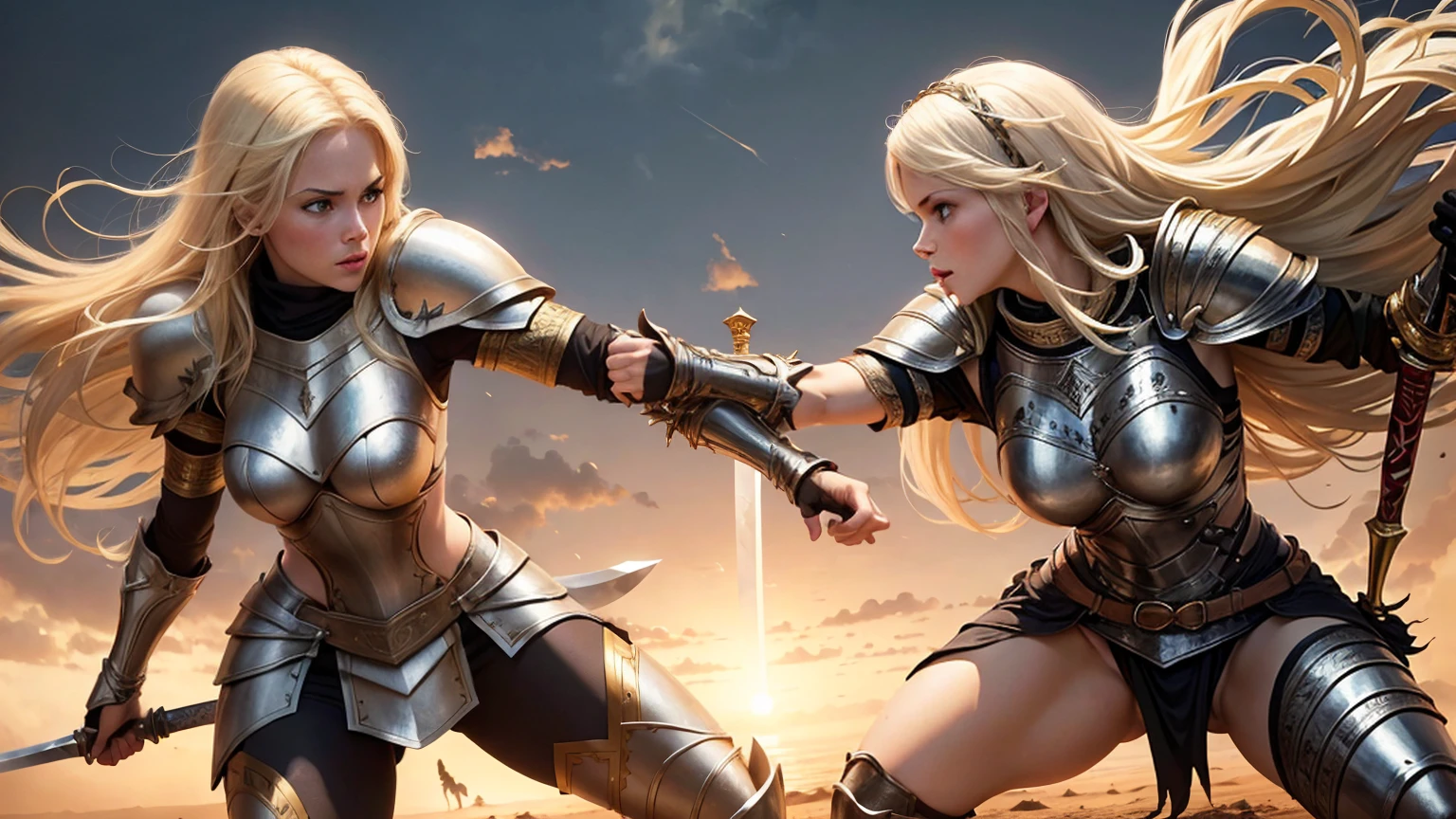White Womans blond in armor in african fight sword vs african Womans Black 