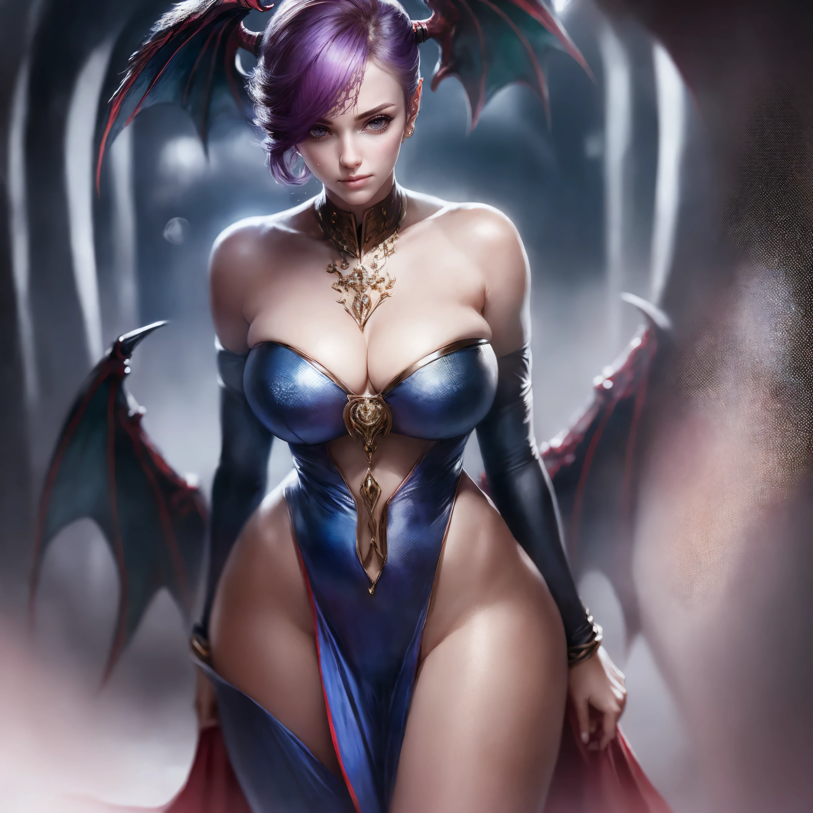 (Best Quality,masterpiece:1.2),intricate details,beautiful detailed eyes,beautiful detailed lips,extremely detailed eyes and face,long eyelashes,dark stalkers_Lilith ModeSeven,super curves,comic style,vibrant colors,standing,innocent, Whole body, standing, smile with big breasts and big hips very close to the screen 