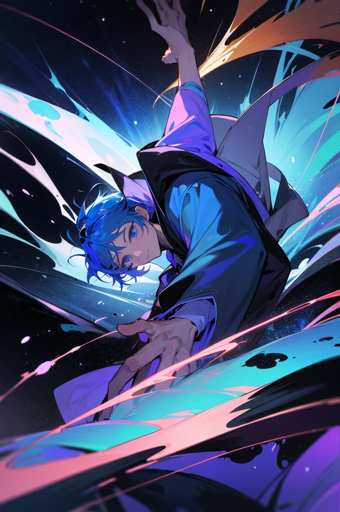 A young man with blue hair and blue eyes, wearing a blue hooded robe, deploying a huge black magic circle, background: distortion of space-time, asteroid belt, supernova explosion in hand, upside down