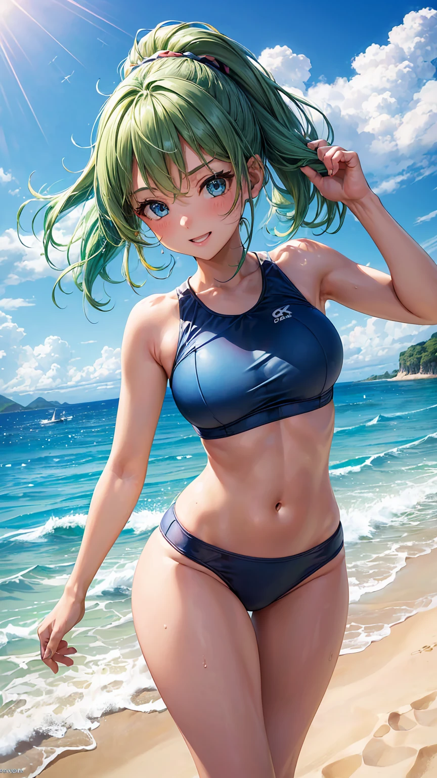 ((top quality, 8 K, masterpiece: 1.3,ultra detail)) 1girl (Playing Volleyball on the Beach,sand, Splashing water,sea,beautiful view,bright colors,fun,smiles,l ong green hair, blue eyes, Beautiful slim figure,Swimwear)A warm summer day, Solar,Vibrant and Breathtaking Views.