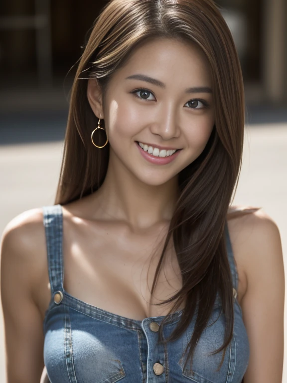 Gorgeous Woman , masterpiece, Highest quality, (Realistic:1.4), (White tank top:1.1), (Blue Jeans:1.2), Heel,  sunny day, Beautiful woman, Skinny body, Small breasts, Straight dark brown hair, Detailed face, Big Eyes、smile, To the camera, Photo taken from a distance, 20-year-old,