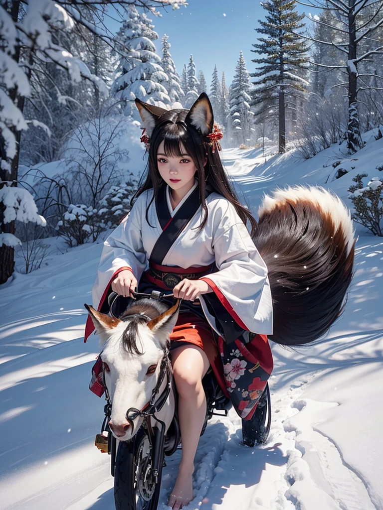 (best quality, 8k, 1girl, fox ears, riding on nine-tailed fox, snow-covered ground, kimono, dark hair, intricate details, winter scenery)