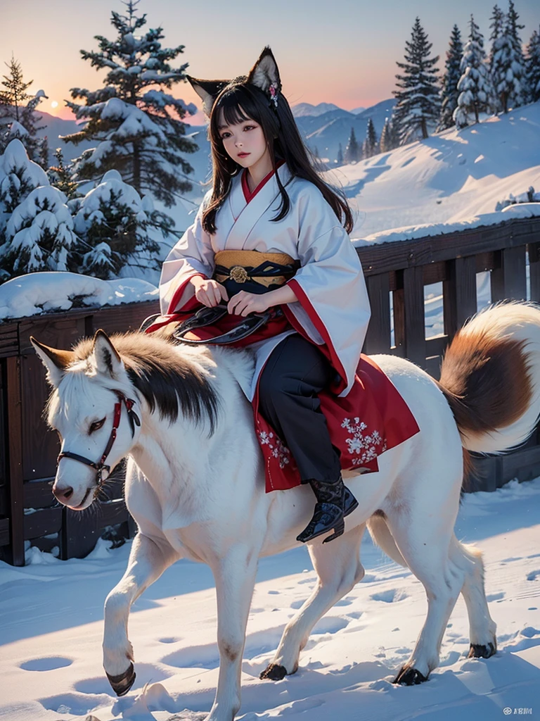 (best quality, 8k, 1girl, fox ears, riding on nine-tailed fox, snow-covered ground, kimono, dark hair, intricate details, winter scenery)