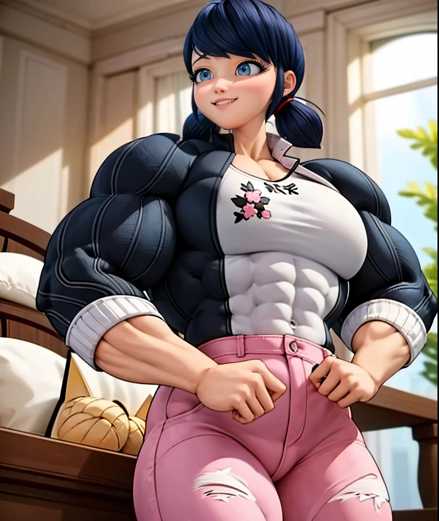 (big muscular female bodybuilder, beautiful detailed eyes, beautiful detailed lips:1.1,strong physique, two short pigtails, (smile), ( Marinette wears a white printed shirt ), black jacket, ((( dark pink jean's , plane jean's, without pattern))), and ballet flats.), lifting weight, Thick Neck, watermelon sized muscular arms and wall size legs, ((big ass)), ((toned 10 pack abs)), powerful expression,sweating:1.1, bed background:0.9, intense focus:1.1, vibrant colors, dramatic lighting), rippling muscles,sturdy frame,dark tan,fit around the waist,(tight 10 pack abs),strong arms and shoulders,intense expression,determined look,well-defined muscles and veins,straining muscles,artistic pose,steely gaze,side lighting,powerful presence,vivid colors,dynamic composition,studio lighting,physically-based rendering,athletic build,bodybuilding silhouette,professional,gritty texture,bokeh.