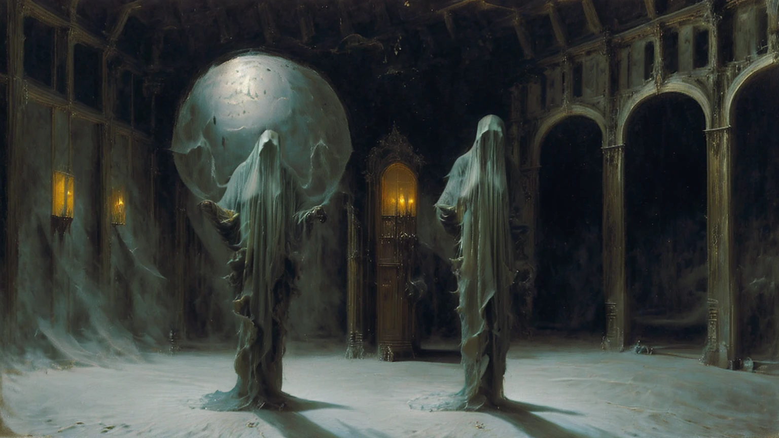 (((Ghost of a Girl ))) , Transparent ,Air, standing in the castle hall, moon light ,Mysterious atmosphere, Phantom Lights,Magic in the air,fairytale setting,Unearthly beauty,Magic in the air,Serene and peaceful atmosphere,A hint of fog in the distance,Fabulous quality,endless photorealistic details