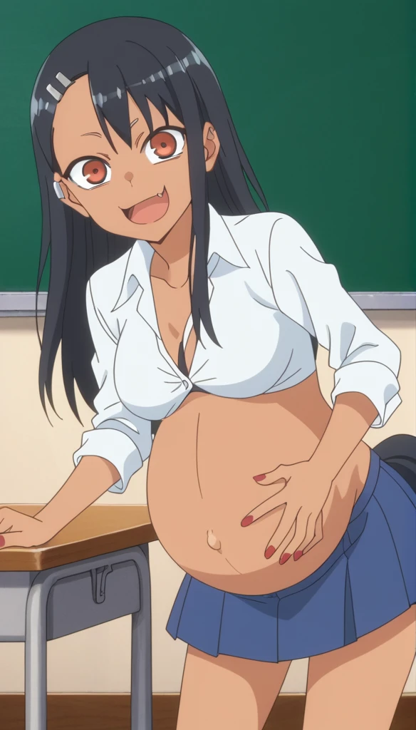 score_9, score_8_up, score_7_up, source_anime, anime screencap, anime coloring, 
hayasenagatoro,
hayase nagatoro, long hair, black hair, hair ornament, Horse tail, brown eyes, hairclip, fang, dark skin, dark-skinned female, tan, Fitted shirt, bikini, unbuttoned, nail polish, blue skirt, red nails, earclip,
indoors, classroom, bent over,
looking at viewer, solo, ((shows her belly)), ((pregnant belly)), huge belly, rub belly,