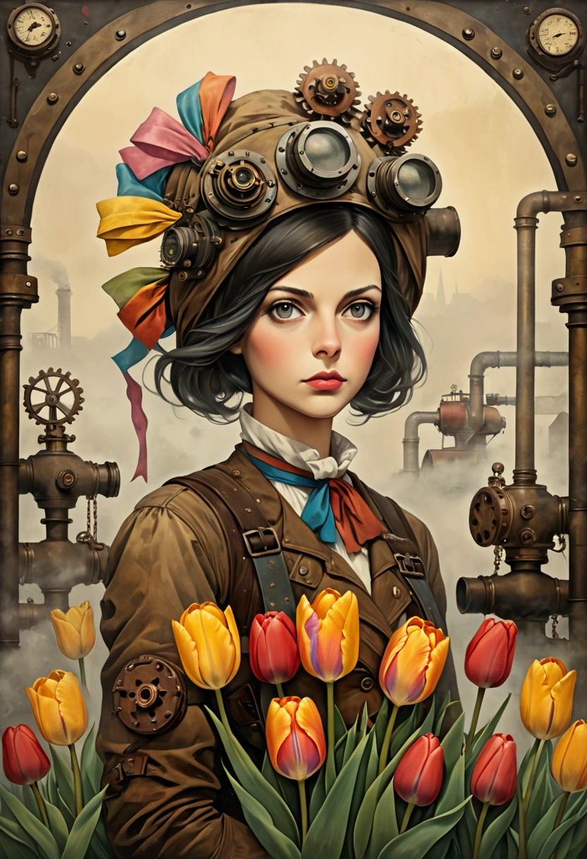 Lithograph of a woman, Tulip flowers, [gear], pipeline, Diesel Punk, Colorful ribbons, Old paper texture, ((Inspired by: Louis Joffe style!)), Gloomy and foggy atmosphere, Surrealism, Cute absurdity, Attraction and rejection of extraordinary appearance,  primitivism, ((best quality, masterpiece)), 