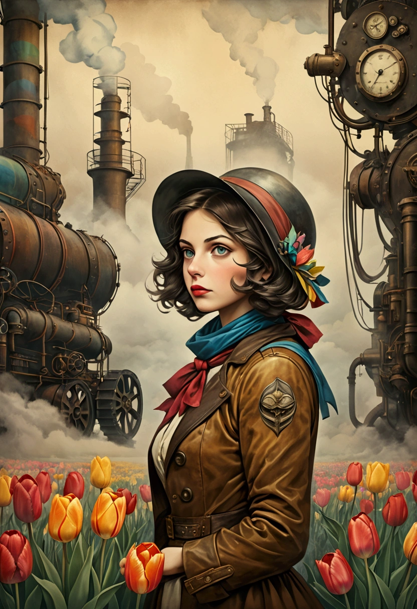 Lithograph of a woman, Tulip flowers, [gear], pipeline, Diesel Punk, Colorful ribbons, Old paper texture, ((Inspired by: Louis Joffe style!)), Gloomy and foggy atmosphere, Surrealism, Cute absurdity, Attraction and rejection of extraordinary appearance,  primitivism, ((best quality, masterpiece)), 