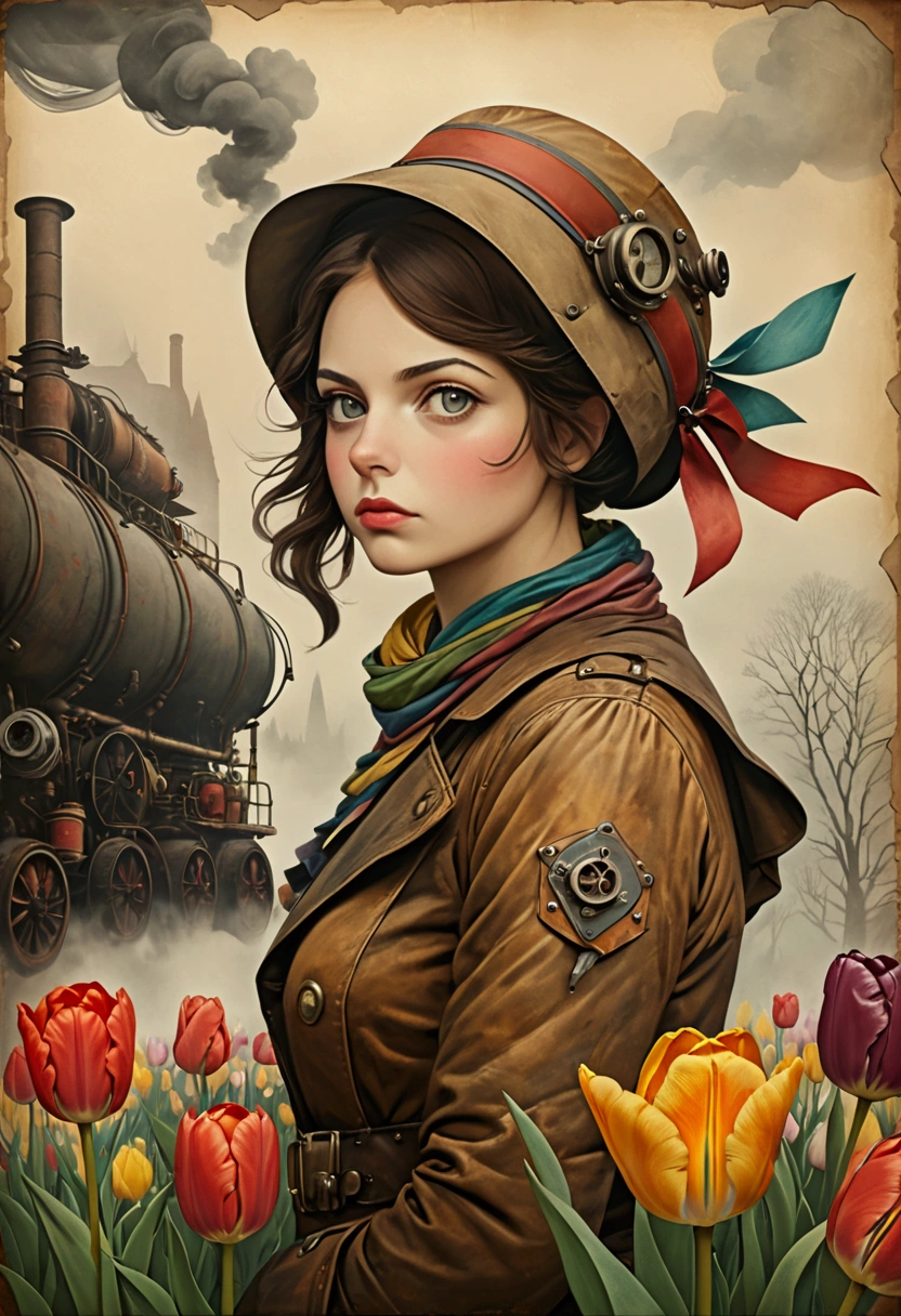 Lithograph of a woman, Tulip flowers, [gear], pipeline, Diesel Punk, Colorful ribbons, Old paper texture, ((Inspired by: Louis Joffe style!)), Gloomy and foggy atmosphere, Surrealism, Cute absurdity, Attraction and rejection of extraordinary appearance,  primitivism, ((best quality, masterpiece)), 