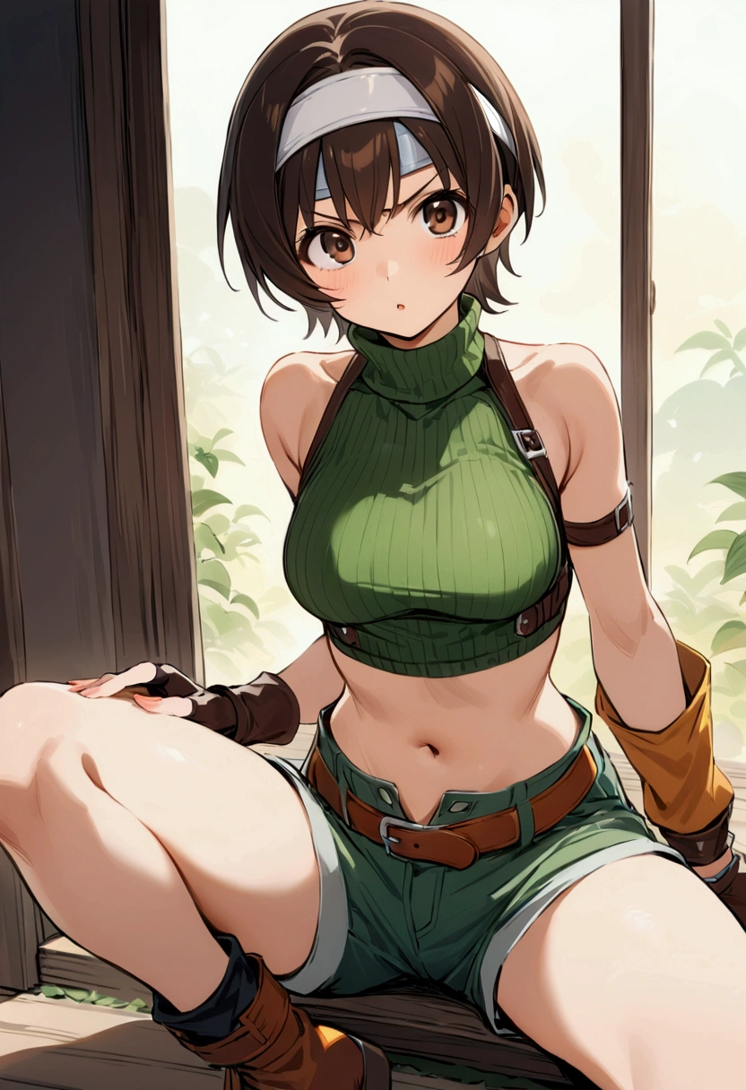 score_9, score_8_up, score_7_up,BREAK best quality,high quality,masterpiece,aesthetic,very aesthetic, soro,1girl,yuffie kisaragi,, final fantasy,short hair,headband,navel,sleeveless,turtleneck
brown eyes,
sleeveless turtleneck,gloves,crop top,brown hair,shorts,midriff,sweater,open fly,fingerless gloves,ribbed sweater,looking at viewer,,v-shaped eyebrows,wide eyes,open stance,sitting