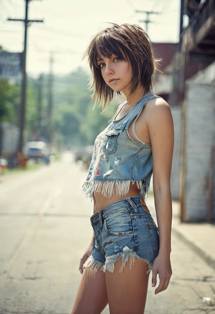 1girl, loose cut-off tank, tattered tight cut off jean shorts with fringe on the bottom, the bottom of perfect butt cheeks crest out the bottom, Random fashion poses, (front view:1.5),
Urban decay landscape , haze, ultra-detailed, film photography, light leaks, Larry Bud Melman, trending on artstation, sharp focus, studio photo, intricate details, highly detailed, by greg rutkowski