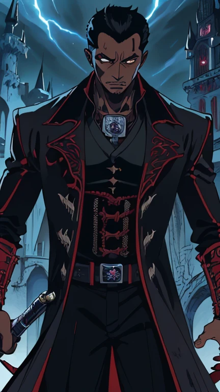 (1boy: b2lad3), (extremely detailed CG unit 8k wallpaper),(master part), (best quality), (ultra detail), (best illustration),(Oda Eiichirou style), cowboy shot, (Sharp eyeliner, ombre, detail eyes:1), Dracula Castle background, ,break , (vamptech), short hair ,black hair, Upper body, dark skin male,