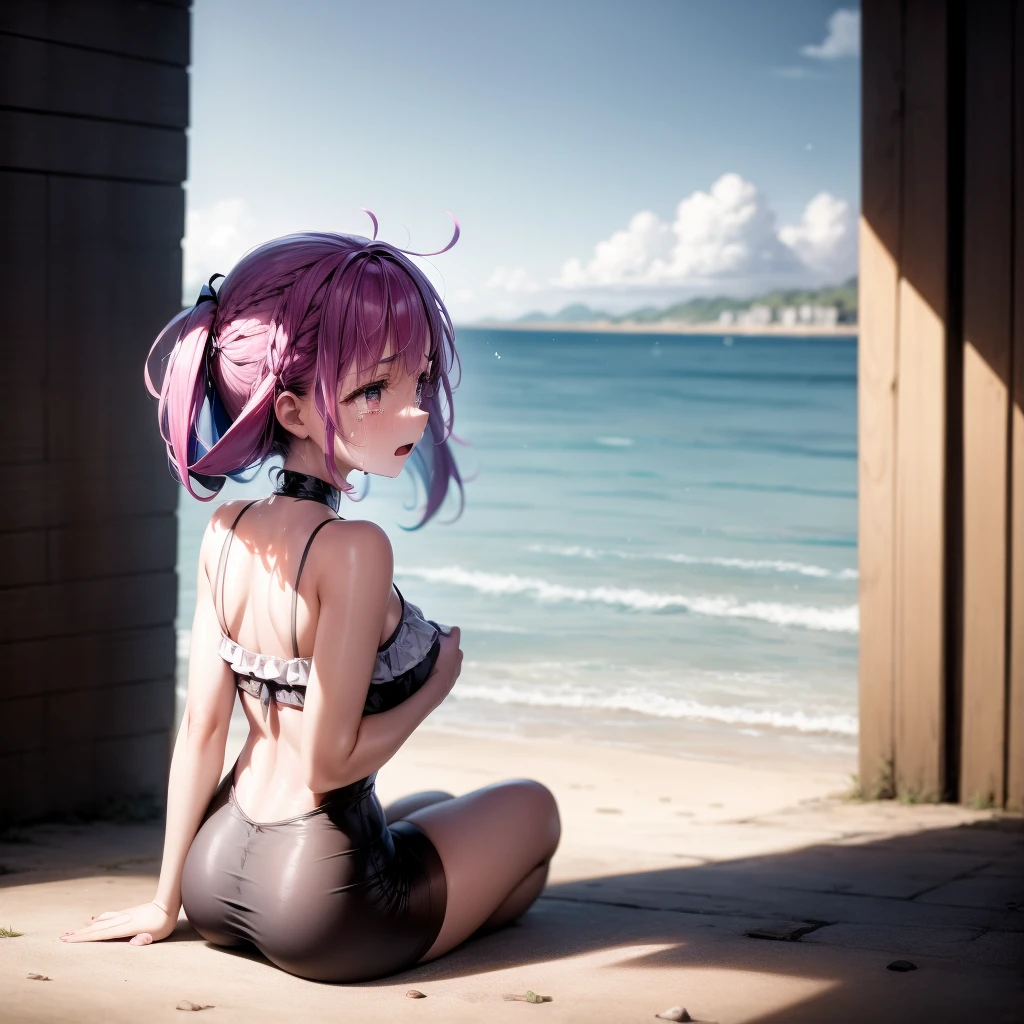 a girl,at the seaside,Leave with your back turned,with tears,profile,cry,Sitting on the ground and watching the sea