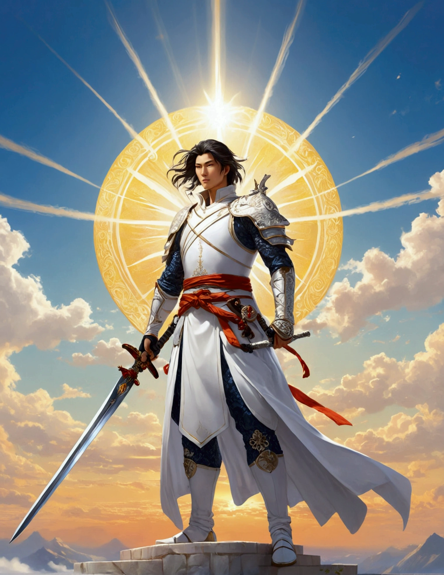 A white-clad swordsman stands at the top of the sky,Behind him stands the glorious sun。