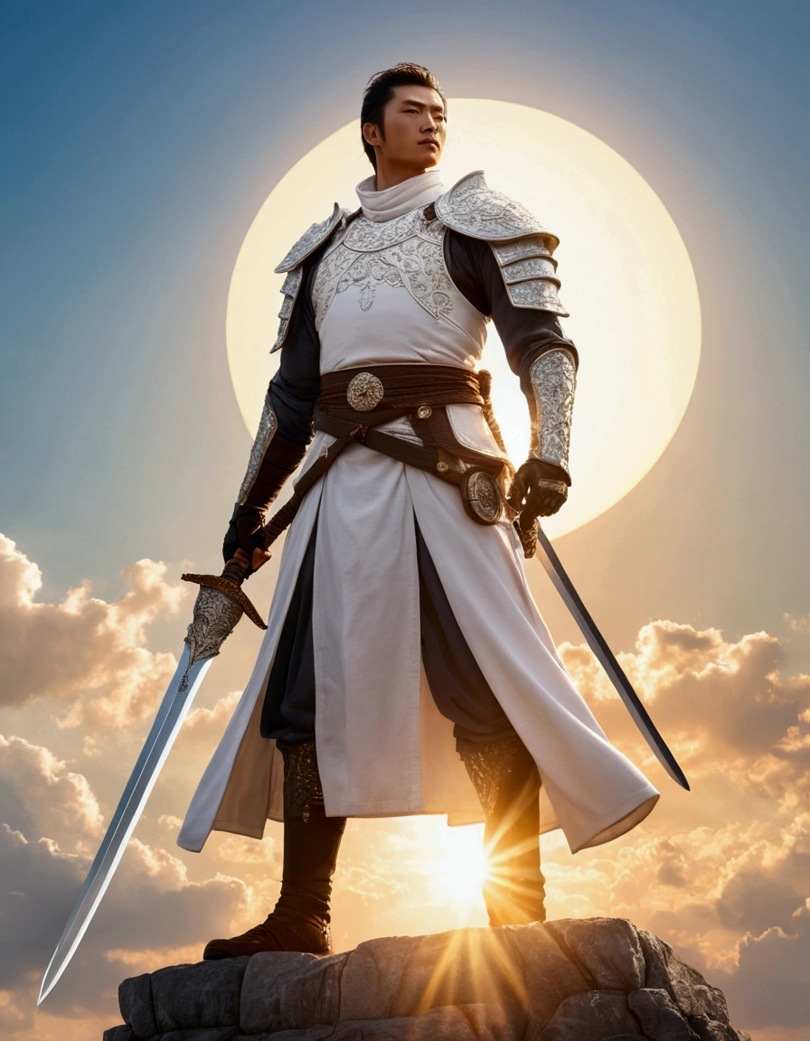 A white-clad swordsman stands at the top of the sky，Behind him stands the glorious sun。