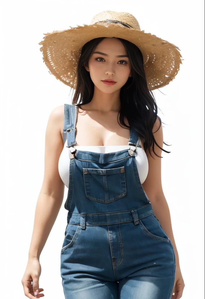 Beautiful woman with exquisite figure, she has big round hanging tits, a thin waist with a strong abdomen, wide hips and strong and sexy thighs,round butt in the shape of a drop of water, tasty buttocks, she wears a scarecrow outfit, torn burlap outfit, straw hat, straw hair torn sexy revealing overalls, slutty coveralls, ((plain white background)),lineart monochrome