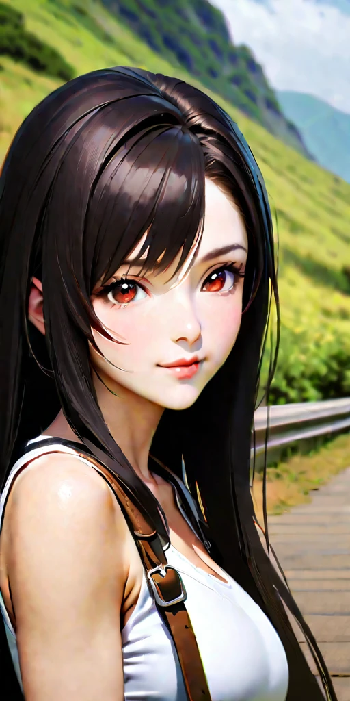 (((((tifa lockhart,Final Fantasy 7:1.5))))),((Highest quality、masterpiece、anime style、best quality、high resolution、8k、detailed、ultra-detailed:1.3))、Long legs:1.2, Beautiful woman with perfect figure:1.4、(Smiling:1.2), double eyelid、30-year-old female、((((One Woman,beautiful face,Beautiful face、Outdoor,upper body:1.5)))),Big Breasts、High resolution, accurate, Anatomically correct, High-resolution model, high quality, Very detailed, Ultra high definition、Black Hair、Straight Hair、Long Hair赤い,オープンフィンガーグローブ