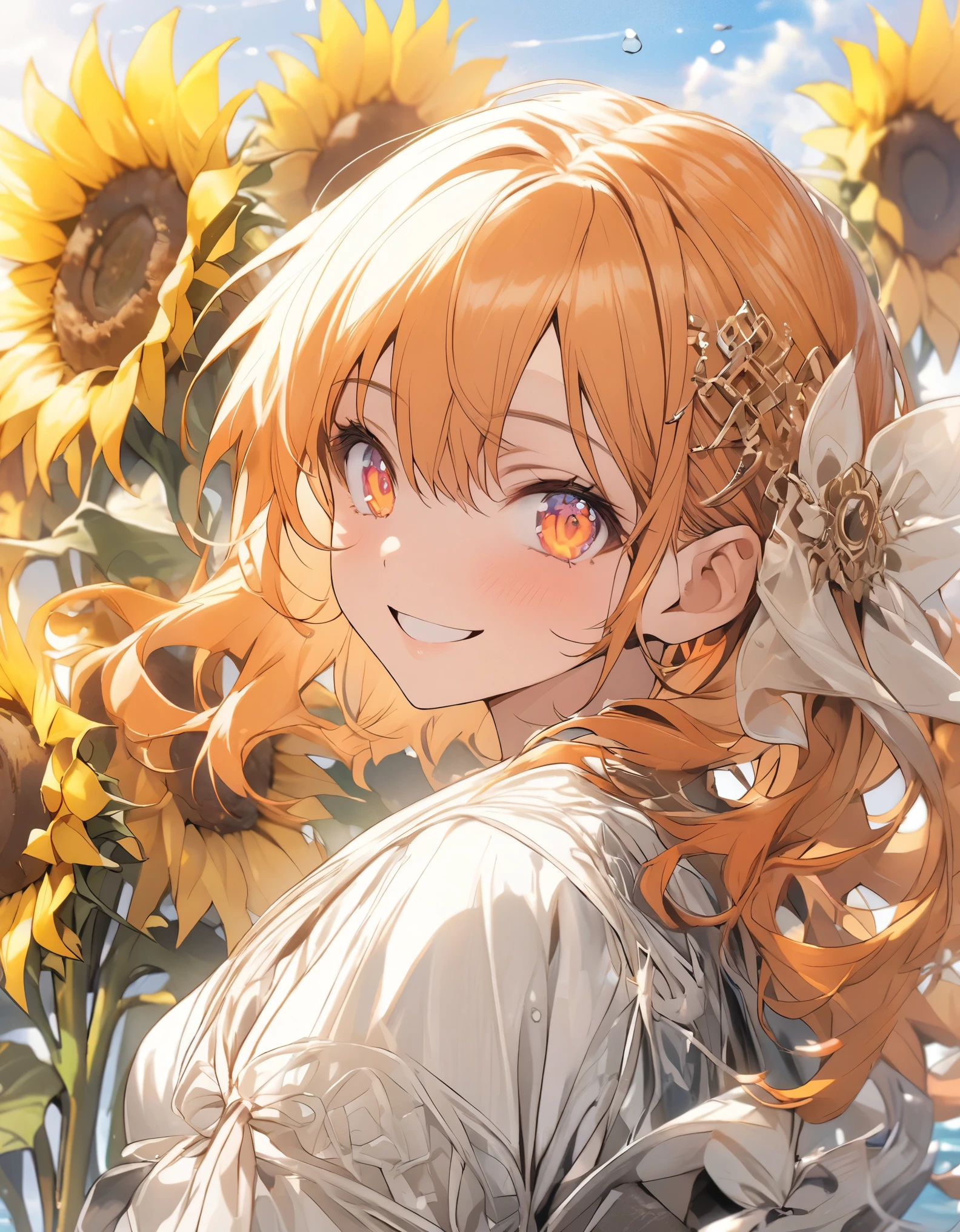 Masterpiece、Orange Hair、Delicate eyes、 hair、Beautiful hair ornament、Upper Body、(((Smiling)))、Ocean、sunflower