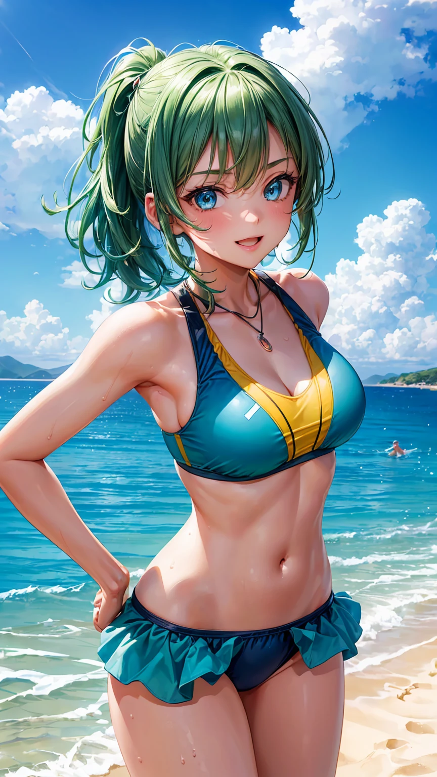 ((top quality, 8 K, masterpiece: 1.3,ultra detail)) 1girl (Playing Volleyball on the Beach,sand, Splashing water,sea,beautiful view,bright colors,fun,smiles,l ong green hair, blue eyes, Beautiful slim figure,Swimwear)A warm summer day, Solar,Vibrant and Breathtaking Views.