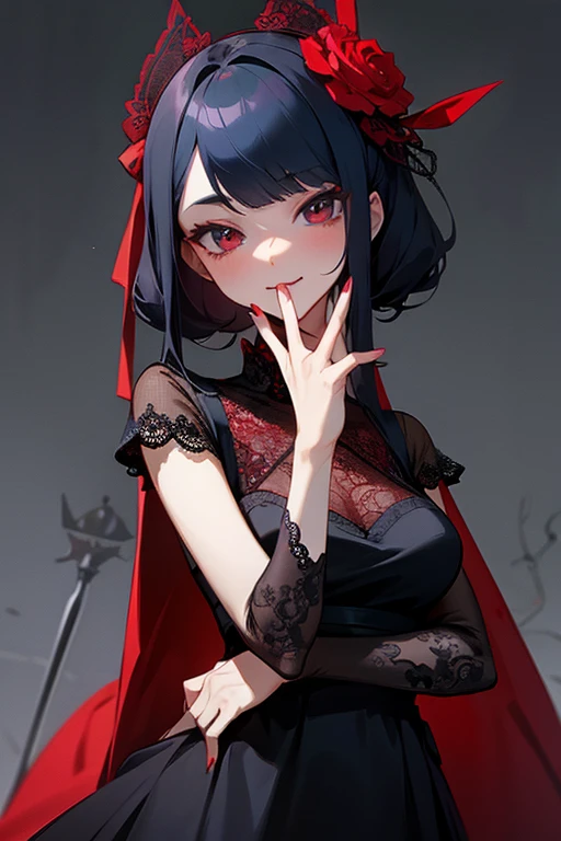 Red, navy and black lace dress、cute、Villainess、