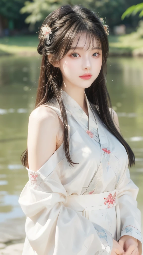 masterpiece, best quality, Official Art, 8k wallpaper, Very detailed, illustration, 1 girl, Long hair, Exquisite eyes, Bare shoulders, Hanfu, lake, pure, Gentle smile,Skin as white as snow,Exquisite facial features,Especially the bright eyes。Her face shape is usually oval,Ancient Chinese beauties,Gorgeous makeup,Red Hanfu