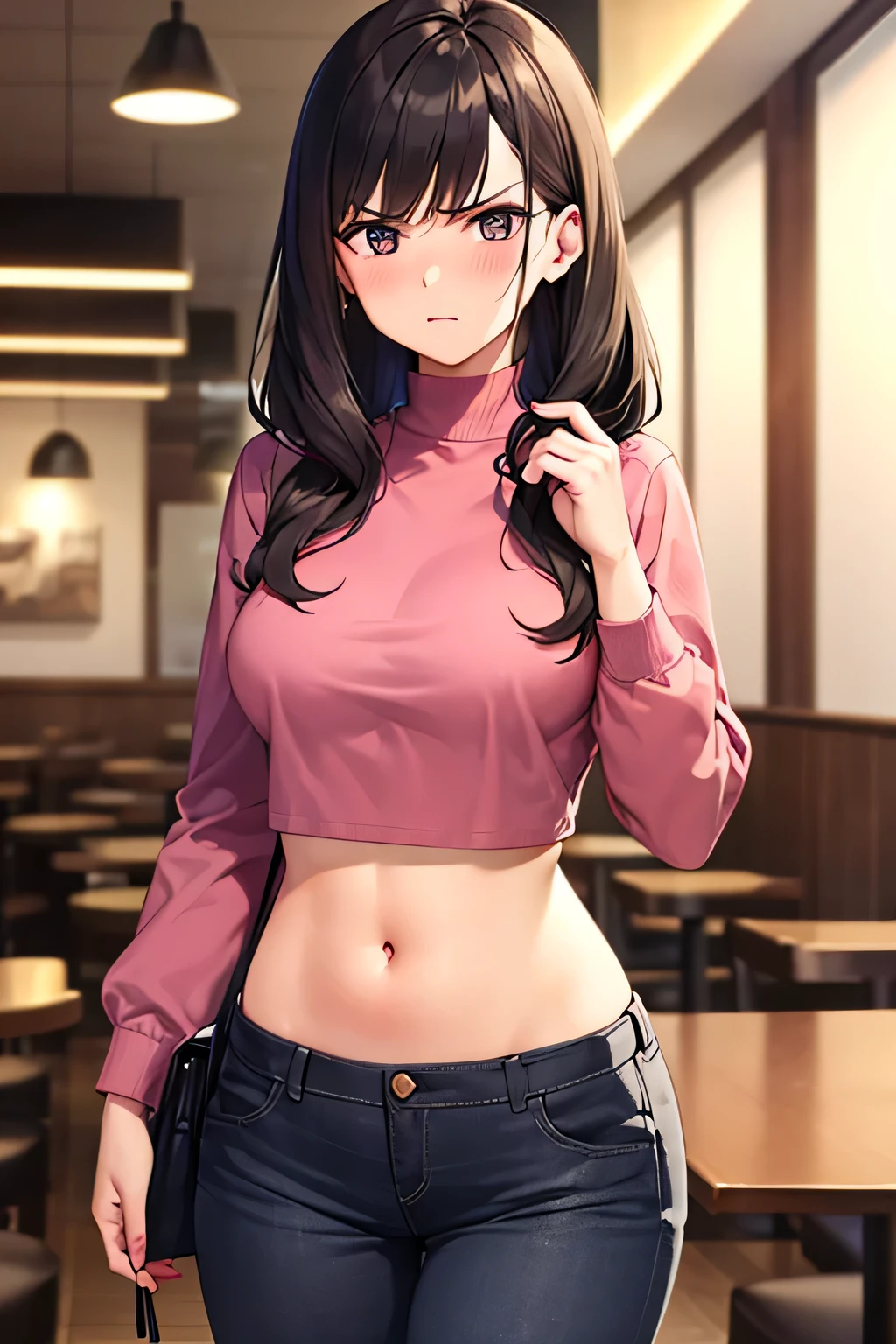 super fine illustration, vibrant colors, masterpiece, sharp focus, best quality, depth of field, cinematic lighting, ultra detailed, crop top, long sleeves, slim pants, navel, belly button, tummy, 1 woman, solo, milf, very messy hair, slender, blush, annoyed, mature female, tall woman, looking down, v-shaped eyebrows, medium breasts, dark hair, stomach, carrying purse, long curly hair, restaurant, annoyed, red lipstick, pink shirt