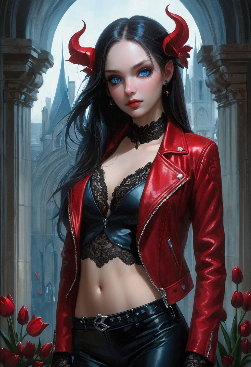((Intricate details)),dark fantasy style, GLOOMY AMBIANCE, (Beautiful succubus girl, Long hair), (Beautiful symmetrical blue eyes), (Sexy black lace outfit), (Red leather jacket), (Tulip flowers), Various shades and gradients, Clear focus, Dynamic poses, (Ed Blinky's magnificent paintings, Artie Guerin, author:Jeremy Mann, Greg Manches),(The work is set against a backdrop of magnificent buildings that combine classical and Gothic styles.)