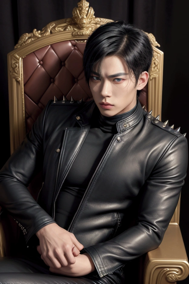 ((sitting on a luxurious throne)), ((pose of superiority)), ((powerful man)), very luxurious in the image, highly detailed image. ((A man)), 20 year old boy, young appearance, perfect masculine appearance, detailed face, light blue eyes, seductive look, defined jawline, Serious countenance, marked nose, marked jaw, handsome face, young male face. Black hair, detailed hair, men's haircut. Perfect male body, broad shoulders, chest Toned, defined abs, toned body. Wearing a leather jacket with Spikes, leather jacket, black leather pants, goth look. Face with Korean features, slanted eyes, Asian appearance, Asian facial features, Eun Woo face, Striking a masculine pose, looking fixedly at the viewer, ((Eun woo's face)), Asian features, Asian man, masculine.