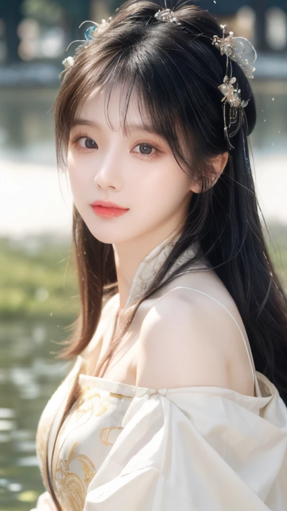 masterpiece, best quality, Official Art, 8k wallpaper, Very detailed, illustration, 1 girl, Long hair, Exquisite eyes, Bare shoulders, Hanfu, lake, pure, Gentle smile,Skin as white as snow，Exquisite facial features，Especially the bright eyes。Her face shape is usually oval，Ancient Chinese beauties，Gorgeous makeup，Red Hanfu