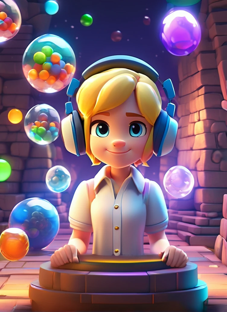 best quality, masterpiece, Blonde-haired girl wearing headphones and a white shirt, White shirt, Clash Royale style, portrait, Glass marbles比赛,手拿Glass marbles, Crystal Checkers，Glass marbles，In an underground city illuminated by a glowing crystal ball, Dwarfs live,, Disney cartoons, cute cartoon, Movie, Volumetric Lighting, Very detailed, 8K