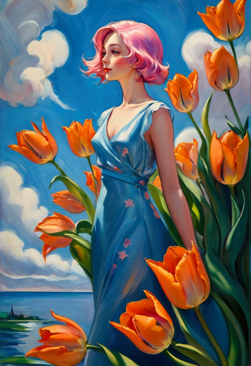 ((Inspired by Charles Camoin)), (Impressionist Painting), 1 Girl，Upper part of the body，elegant dress，Orange tulip flowers, View from the side，Looking at the audience，Half blue half pink hair，water，cloud，star