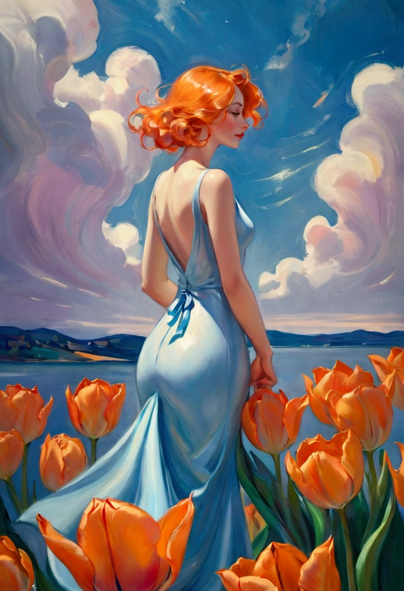((Inspired by Charles Camoin)), (Impressionist Painting), 1 Girl,Upper part of the body,elegant dress,Orange tulip flowers, View from the side,Looking at the audience,Half blue half pink hair,water,cloud,star