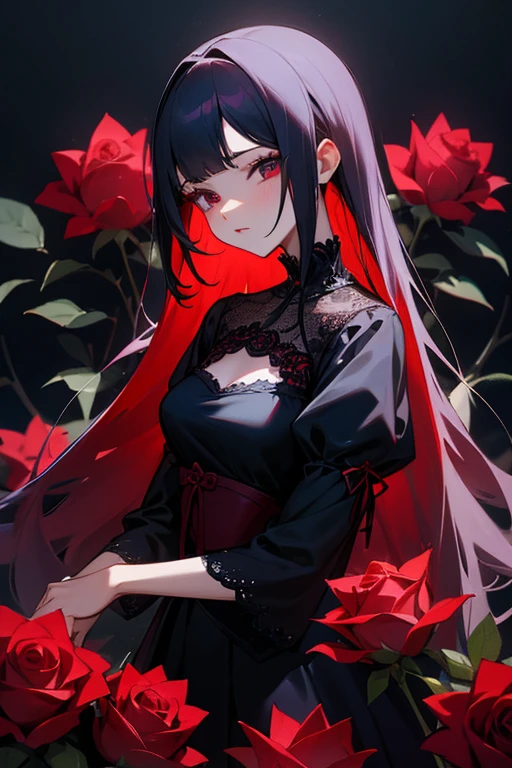 Red, navy and black lace dress、cute、Villainess、Background is a lot of roses、