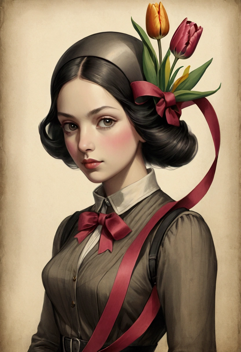 Lithograph of a woman, Tulip flowers, [gear], pipeline, Diesel Punk, Colorful ribbons, Old paper texture, ((Inspired by: Louis Joffe style!)), Gloomy and foggy atmosphere, Surrealism, Cute absurdity, Attraction and rejection of extraordinary appearance,  primitivism, ((best quality, masterpiece)), 